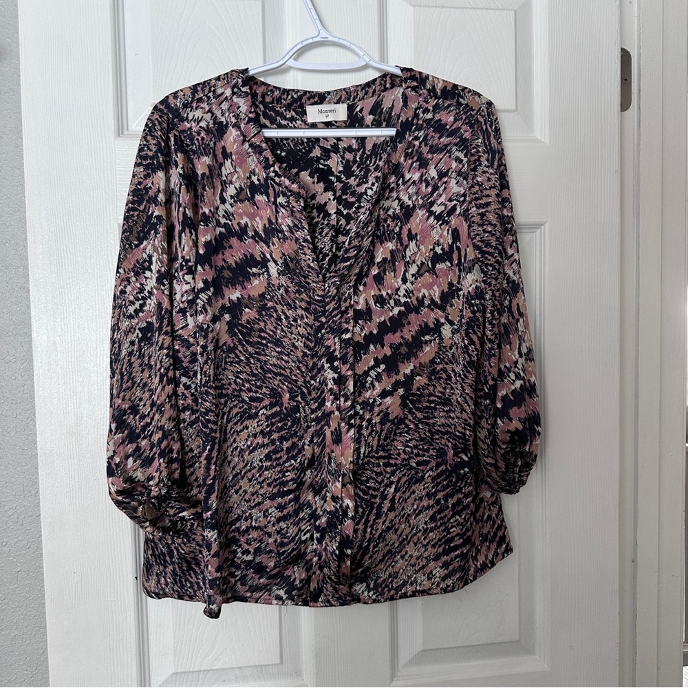 Pink and Black Printed V-Neck Blouse
